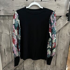 JODIFL Black Top with Colorful Patterned Sleeves